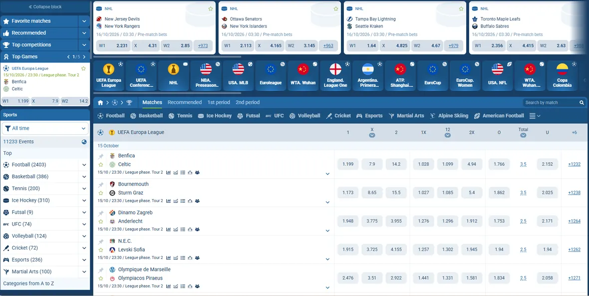 1xbet sports list with match odds